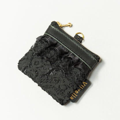 Fleur de Nuit Mini Pouch（フルール・ド・ニュイ ミニ ポーチ）｜黒ジャガード生地とレースを重ねたViiveliaのミニポーチ。小銭やリップなどの小物収納に使えるコンパクトポーチ。