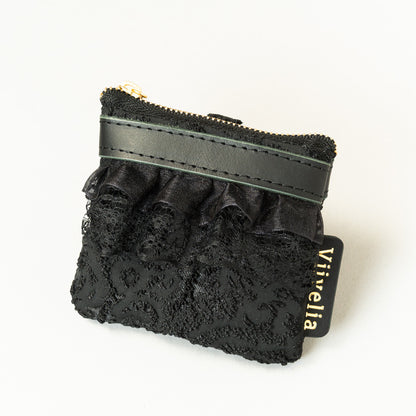 Fleur de Nuit Mini Pouch（フルール・ド・ニュイ ミニ ポーチ）｜黒ジャガード生地とレースを重ねたViiveliaのミニポーチ。小銭やリップなどの小物収納に使えるコンパクトポーチ。