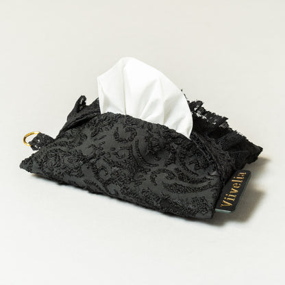 Fleur de Nuit Tissue Case（フルール・ド・ニュイ ティッシュケース）｜黒ジャガード生地とレースを重ねたViiveliaのポケットティッシュケース。Dカン付きでストラップやキーホルダー装着可能。