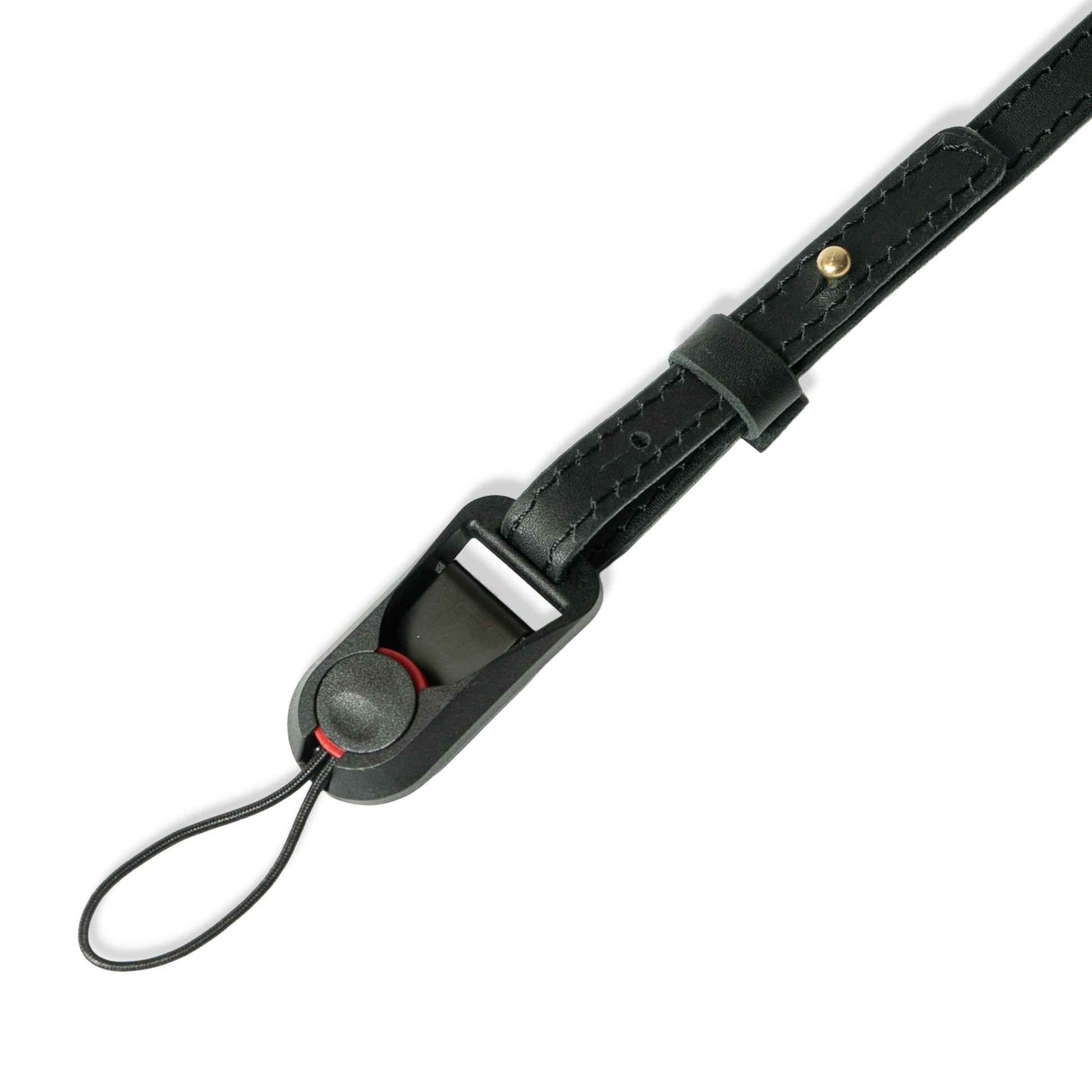 ROAVAN（ローバン） Gossipy Bunny（ゴシッピーバニー） Prick Dot（プリックドット） カメラストラップ。国産ブラックレザーを使用し、ゴールドカラーのピラミッド型スタッズを点在配置したデザイン。アンカーリンクスによるワンタッチ着脱と、首への負担を軽減する幅広ネック構造が特徴。