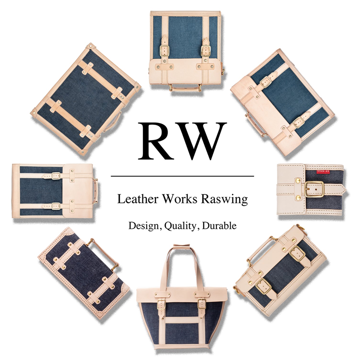 Roavan（ローバン） Raswing（ラスウィング）のブランド紹介イメージ。栃木レザーの生成りヌメ革と倉敷デニム、真鍮パーツを使用したクラフトライン。素材の経年変化と職人の手仕事が生み出す、日本製レザーアイテムの美しい質感。