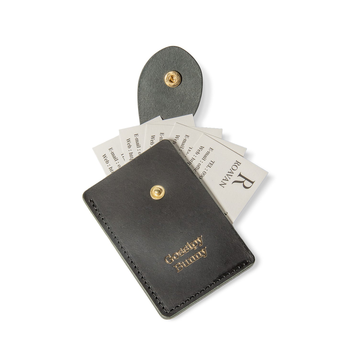 Roavan（ローバン） Gossipy Bunny（ゴシッピーバニー） Tricksy（トリクシー） カードケース。日本製ブラックレザーを使用し、名刺やICカードを収納できるウサギ耳フラップ付きのカードケース。